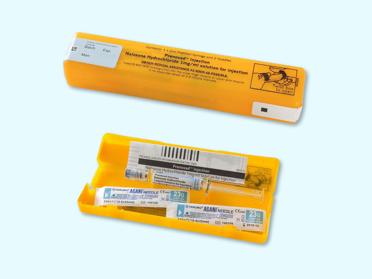 Two naloxone kits: one is closed and the other is open displaying its  contents.