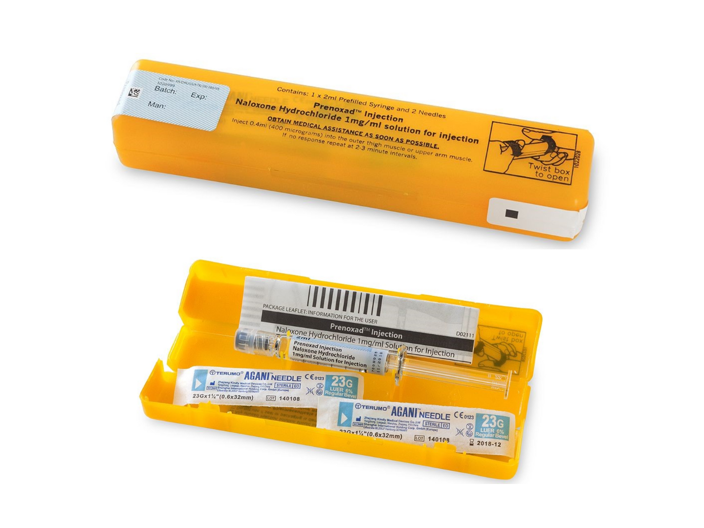 Two naloxone kits: one is closed and the other is open displaying its  contents.