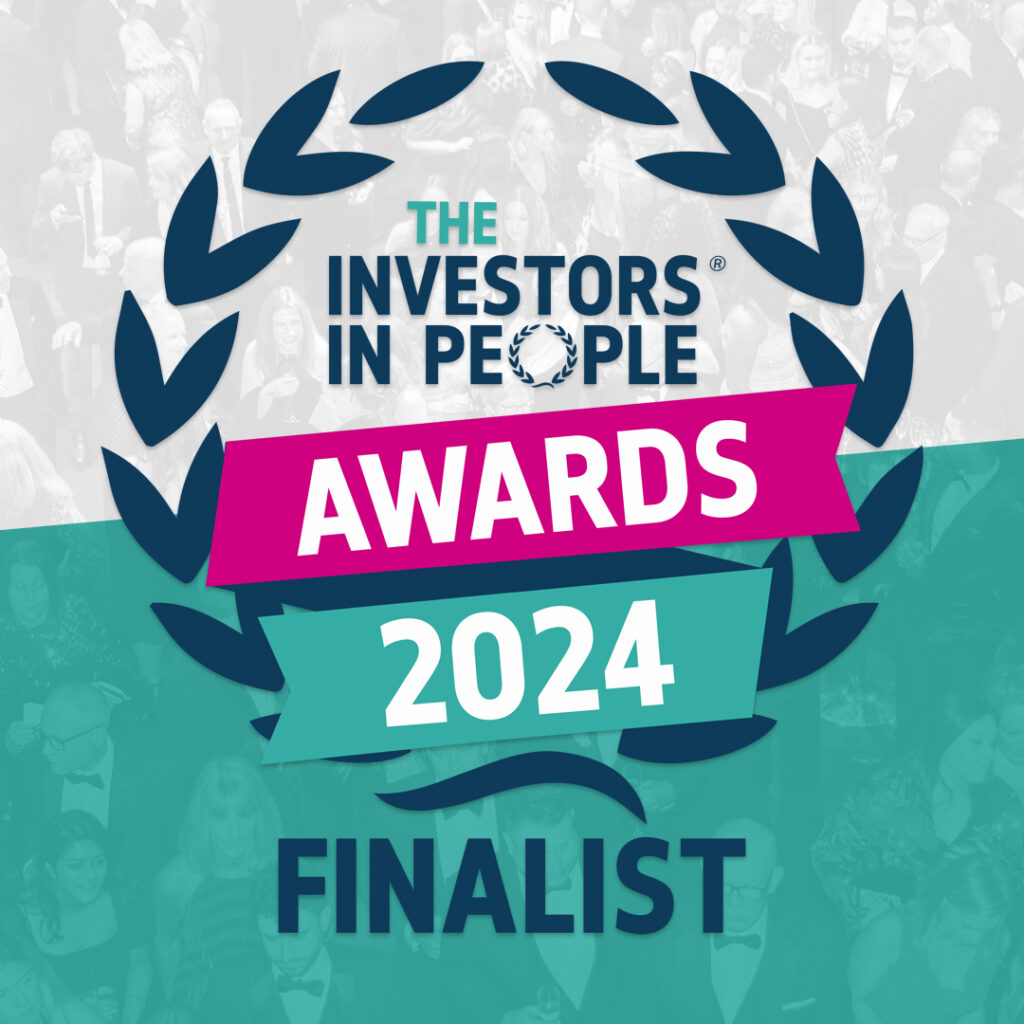 Graphic reading 'Investors in People Awards 2024 Finalist' superimposed on a white and teal background.